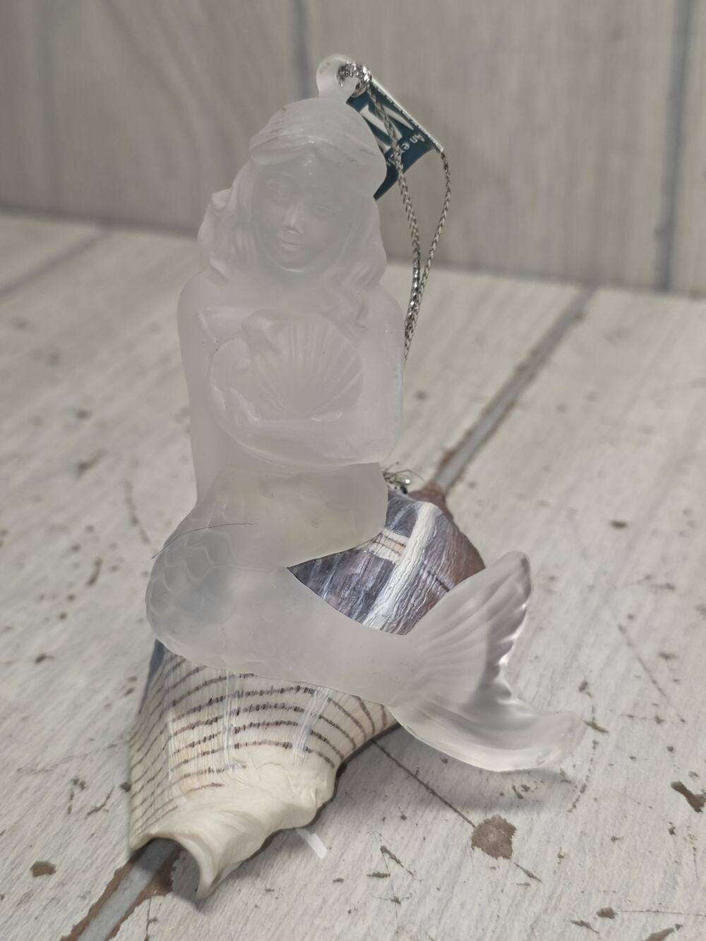 Vintage Frosted Acrylic Mermaid On A Real Spiral Shell Midwest Of Cannon Falls